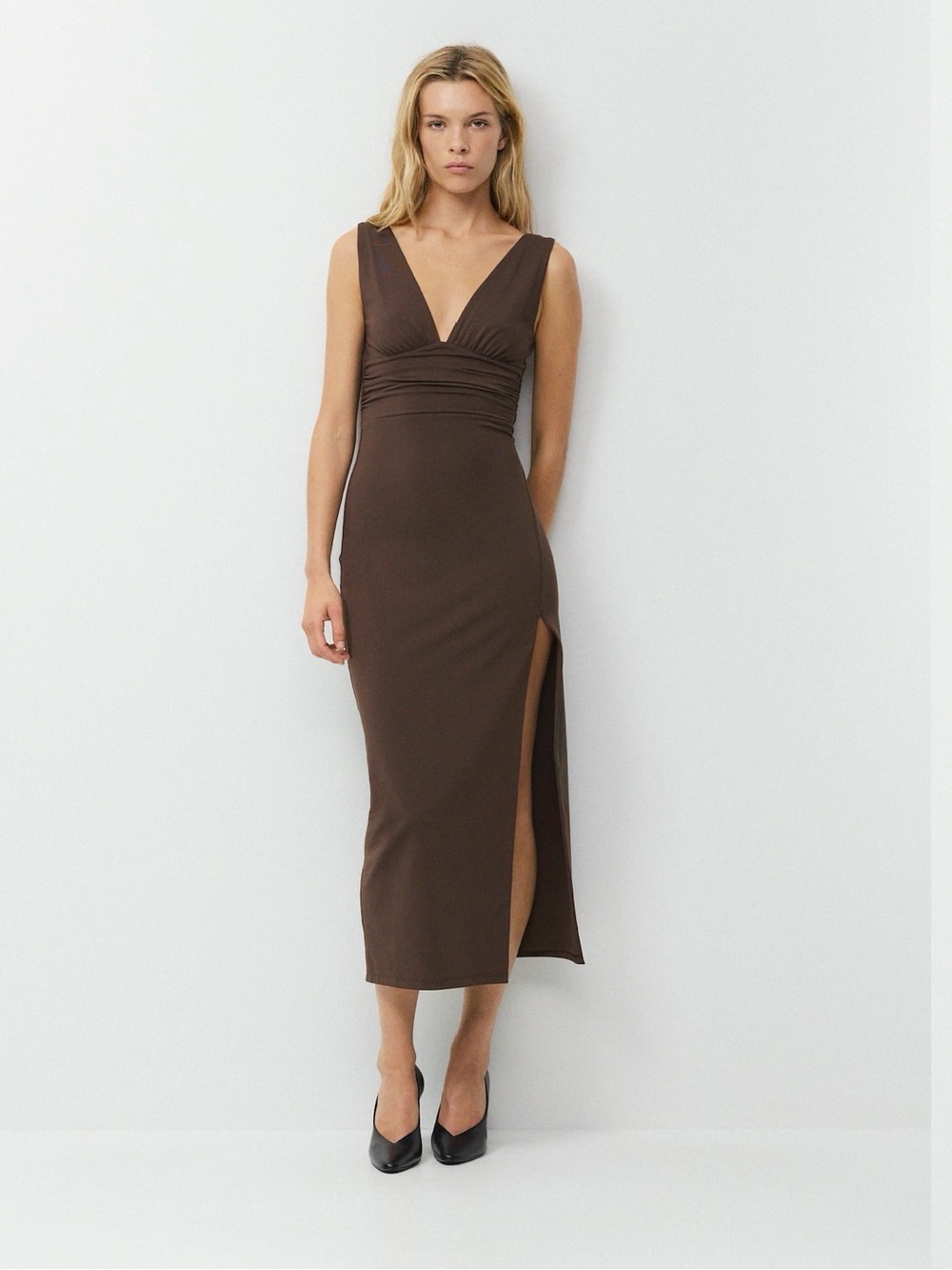 Aritzia Contour Waver Dress- Sleeveless Deep V Brown Midi Dress with Side Slit